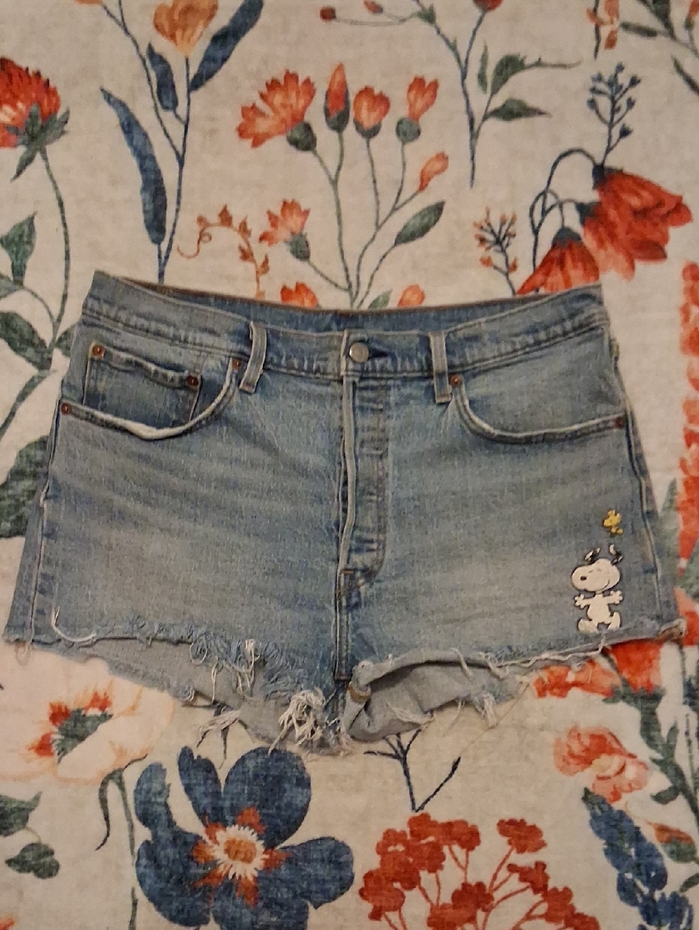 Levi's Light Blue Denim Cutoff Shorts with Snoopy Patch